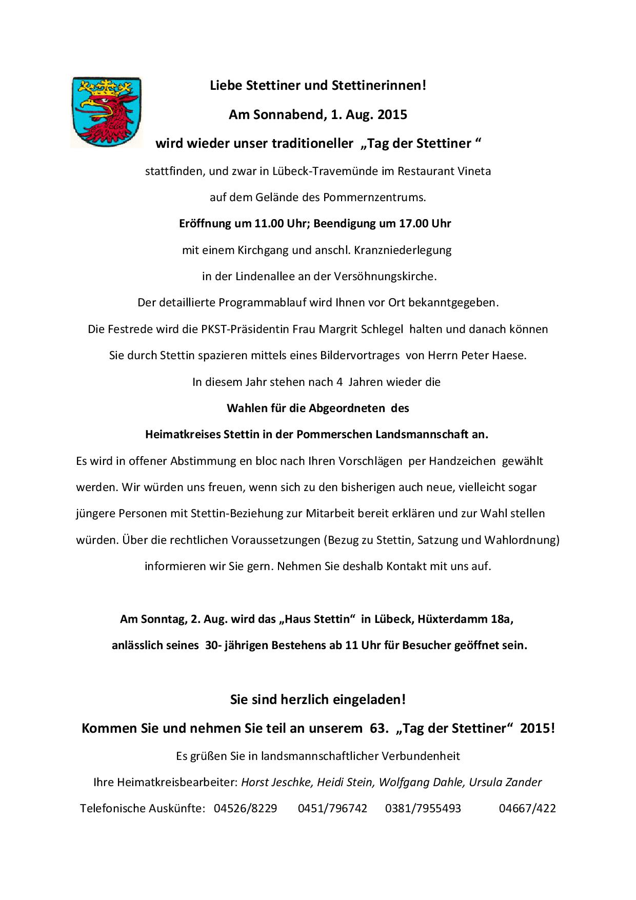 Einladung zum 63. Tag der Stettiner in Travemünde am 1.8.2015